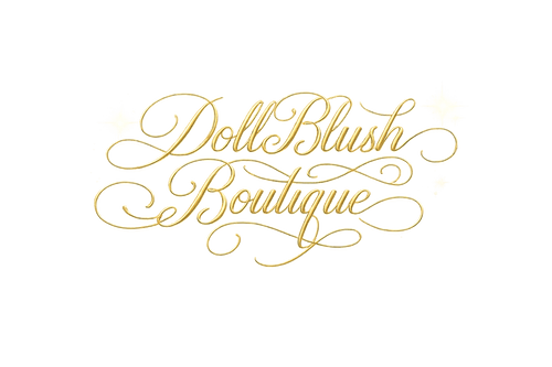 Gold cursive text 'Doll Blush Boutique' on a white background